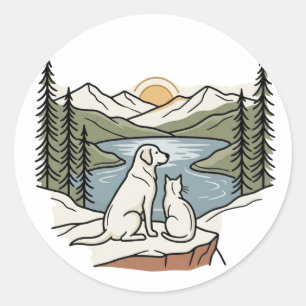 Dog and Cat Mountain Lake Sunset Classic Round Sticker
