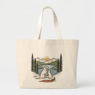 Dog and Cat Mountain Lake Sunset Large Tote Bag