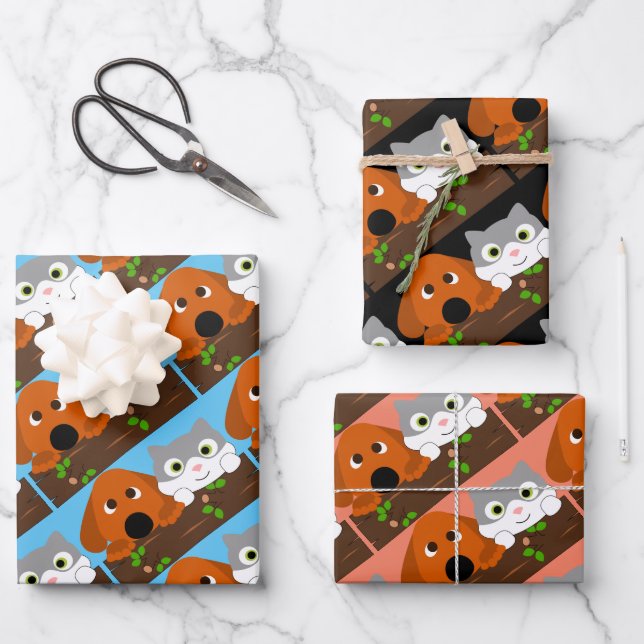 Dog And Cat On Branch Wrapping Paper Sheet (Front)