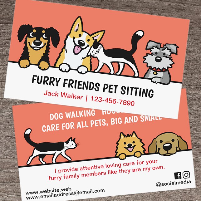 Dog and Cat Pet Sitting Cute Animal Care Funny  Business Card (Creator Uploaded)