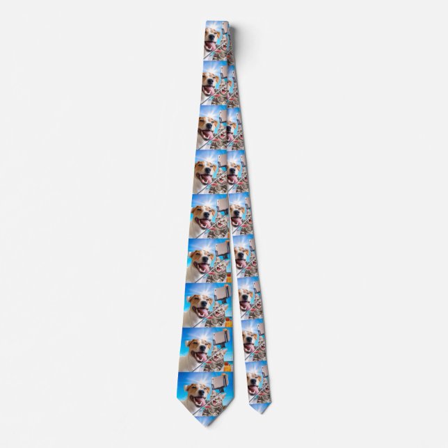 Dog and cat photographed selfie on the phone tie (Front)
