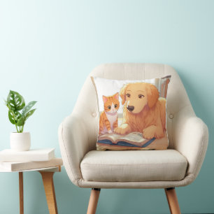 Dog and cat reading a book cushion