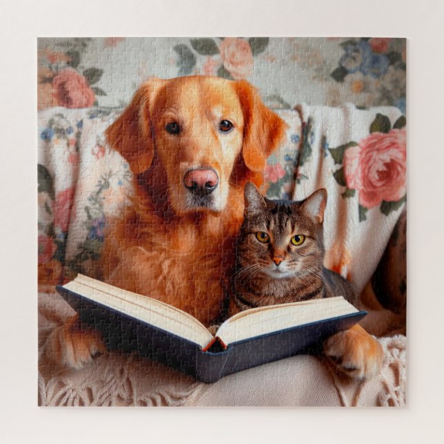 Dog and cat reading a book jigsaw puzzle (Vertical)