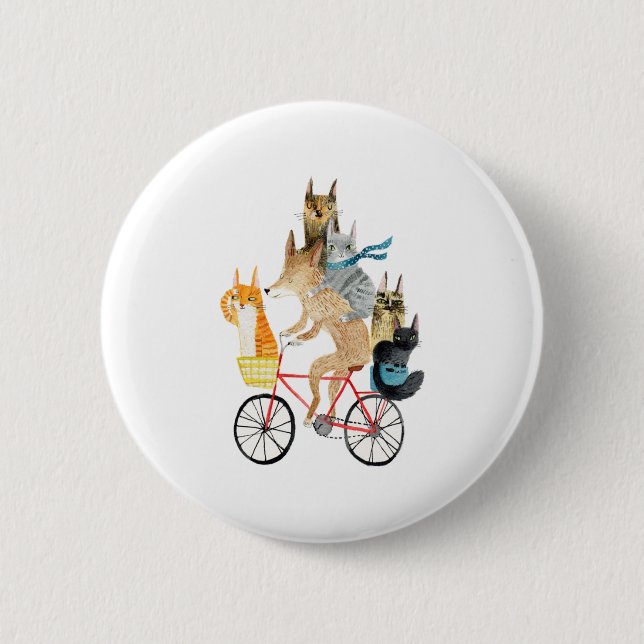 Dog and cats cycling  6 cm round badge (Front)