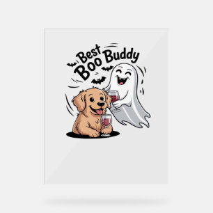 Dog and ghost drinking wine. Classic T-Shirt Acrylic Sign