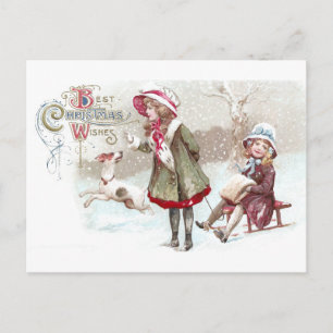 Dog and Girl on Sled Vintage Christmas Holiday Postcard