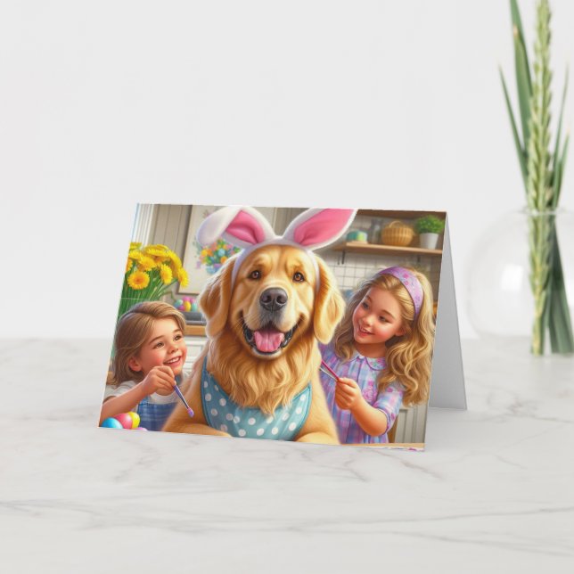  Dog and  Kids Colouring  Easter Eggs  Holiday Card (Front)