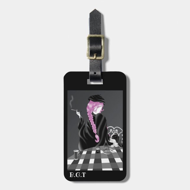 Dog and Lady at café  Luggage Tag (Front Vertical)