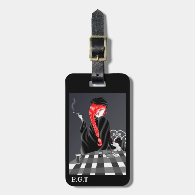 Dog and Lady at café  Luggage Tag (Front Vertical)