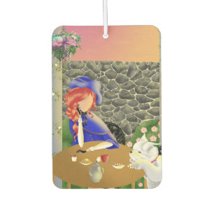 Dog and Lady in cafe at Sunset Car Air Freshener