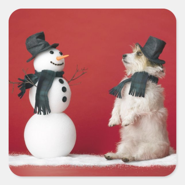 Dog and Snowman Square Sticker (Front)