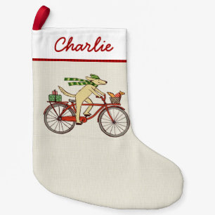 Dog and Squirrel Friends Riding Bicycle Whimsical Small Christmas Stocking