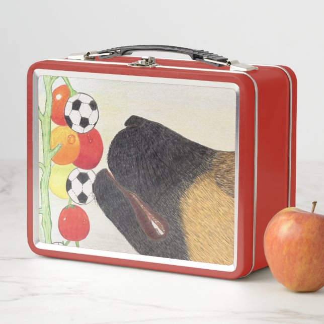Dog and tomatoes metal lunch box (In Situ)