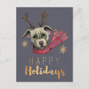 Dog Antlers Christmas Pit Bull Terrier Holiday Postcard