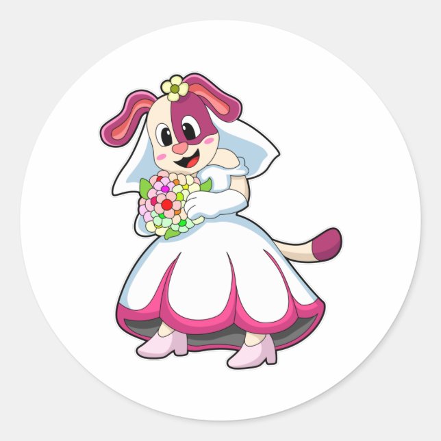 Dog as Bride with Wedding dress & Flowers Classic Round Sticker (Front)