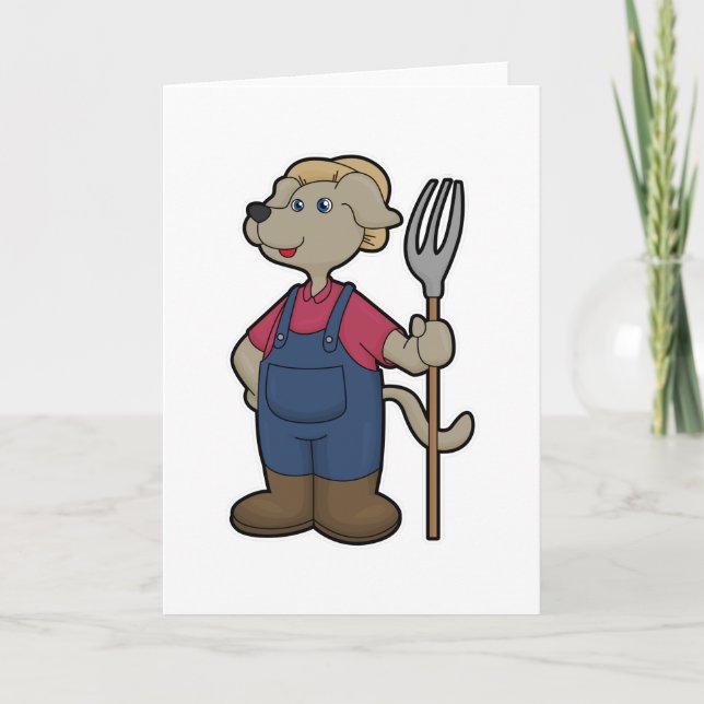 Dog as Farmer with Rake & Hat Card (Front)