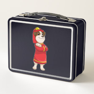 Dog as Firefighter with Helmet Metal Lunch Box