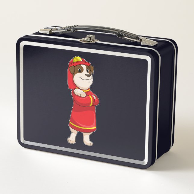 Dog as Firefighter with Helmet Metal Lunch Box (Front)