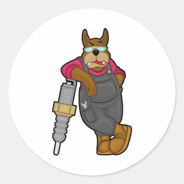 Dog as Mechanic with Spark plug Classic Round Sticker (Front)