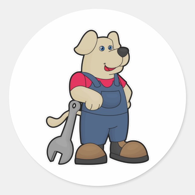 Dog as Mechanic with Wrench Classic Round Sticker (Front)