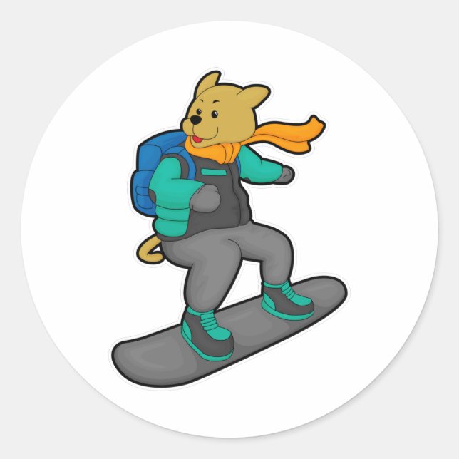 Dog as Snowboarder with Snowboard & Backpack Classic Round Sticker (Front)