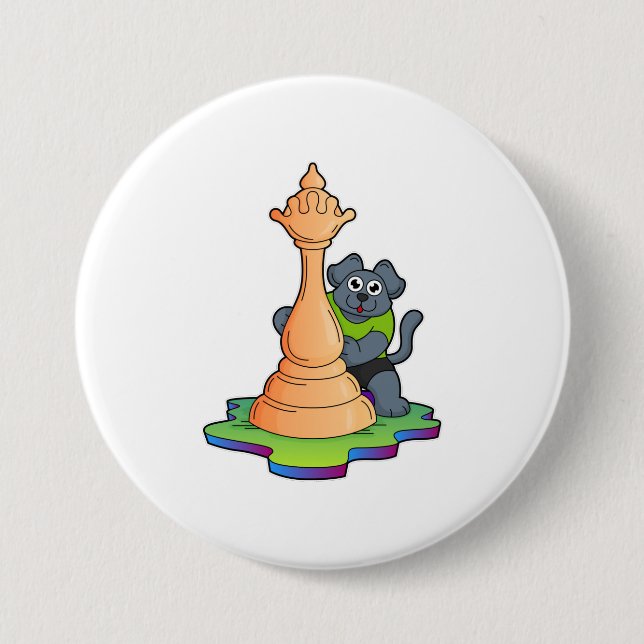 Dog at Chess with Chess piece Queen 7.5 Cm Round Badge (Front)