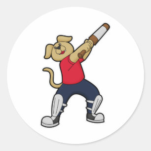 Dog at Cricket with Cricket bat Classic Round Sticker