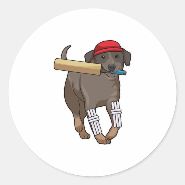 Dog at Cricket with Cricket bat Classic Round Sticker (Front)