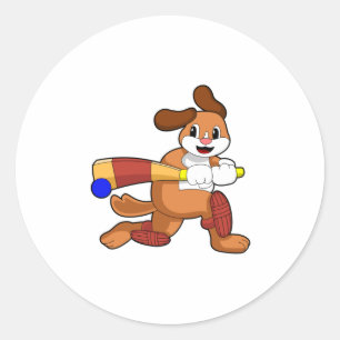 Dog at Cricket with Cricket bat Classic Round Sticker