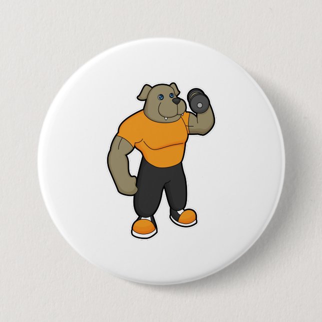 Dog at Fitness with Dumbbell 7.5 Cm Round Badge (Front)