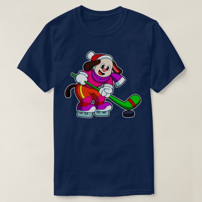 Dog at Ice hockey with Ice hockey stick Puck T-Shirt (Design Front)