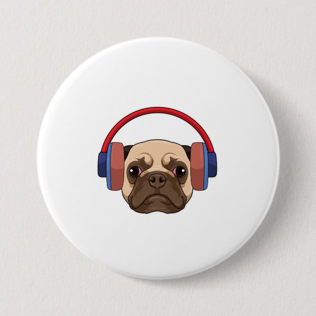 Dog at Music with Headphone 7.5 Cm Round Badge (Front)
