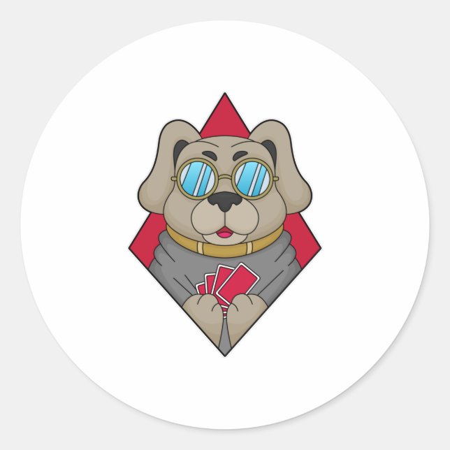 Dog at Poker with Poker cards Classic Round Sticker (Front)