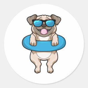 Dog at Swimming with Swim ring & Sunglasses Classic Round Sticker