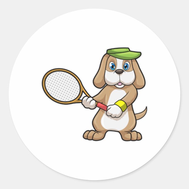 Dog at Tennis with Tennis racket & Cap Classic Round Sticker (Front)