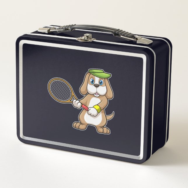 Dog at Tennis with Tennis racket & Cap Metal Lunch Box (Front)