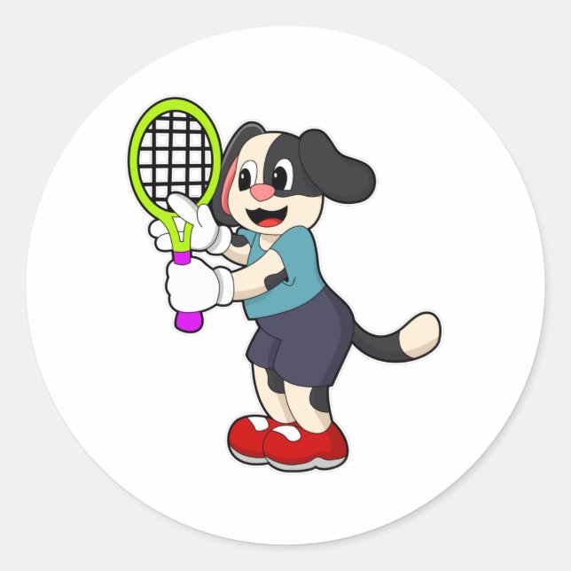 Dog at Tennis with Tennis racket Classic Round Sticker (Front)
