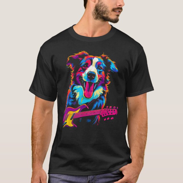 Dog Australian Shepherd Guitar T-Shirt (Front)