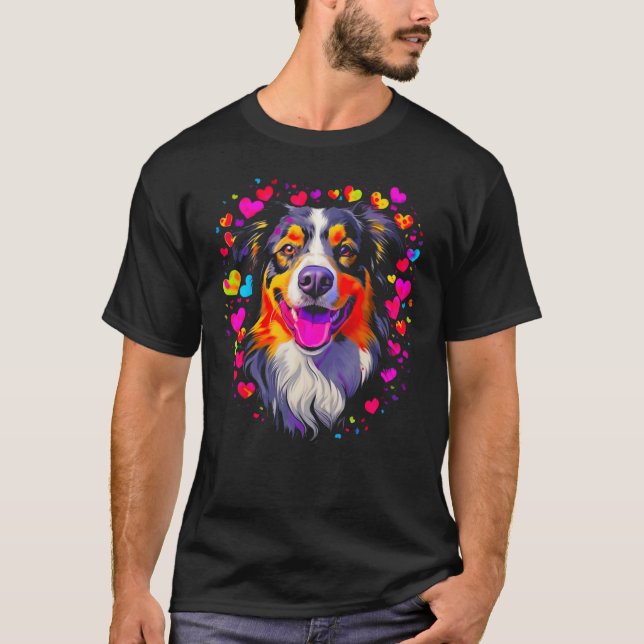 Dog Australian Shepherd Pink Red Hearts T-Shirt (Front)