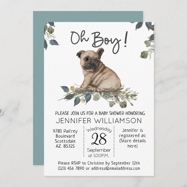 Dog Baby Shower Oh Boy! Pug Puppy Invitation (Front/Back)