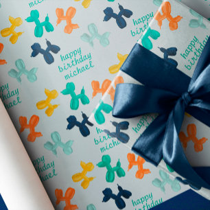 Dog Balloon Pattern Custom Name Kids Birthday  Wrapping Paper