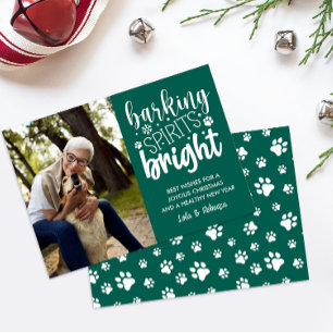 DOG BARKING SPIRIT BRIGHT PAWS GREEN CHRISTMAS  HOLIDAY CARD