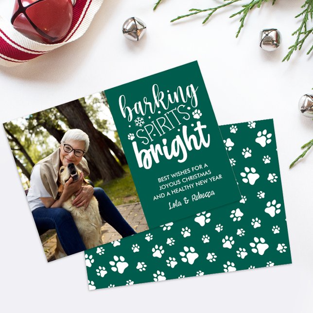 DOG BARKING SPIRIT BRIGHT PAWS GREEN CHRISTMAS  HOLIDAY CARD (PET LOVER SEND THIS FANTASTIC PHOTO CHRISTMAS CARD WITH PAW PRINTS BARKING SPIRIT BRIGHT DIGITAL )