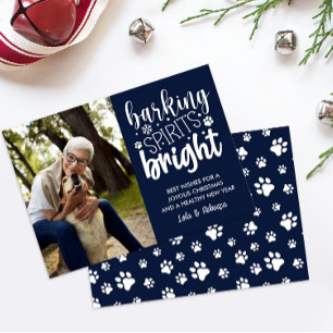 DOG BARKING SPIRIT BRIGHT PAWS NAVY CHRISTMAS  HOLIDAY CARD