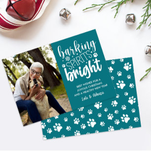 DOG BARKING SPIRIT BRIGHT PAWS TEAL CHRISTMAS  HOLIDAY CARD