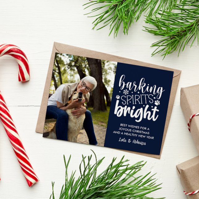 DOG BARKING SPIRIT BRIGHT PET NAVY BLUE CHRISTMAS  HOLIDAY POSTCARD (DOG OWNER CHRISTMAS POSTCARD BARKING SPIRITS BRIGHT VERTICAL PHOTO TEMPLATE EASY TO CUSTOMIZE CHEAP)