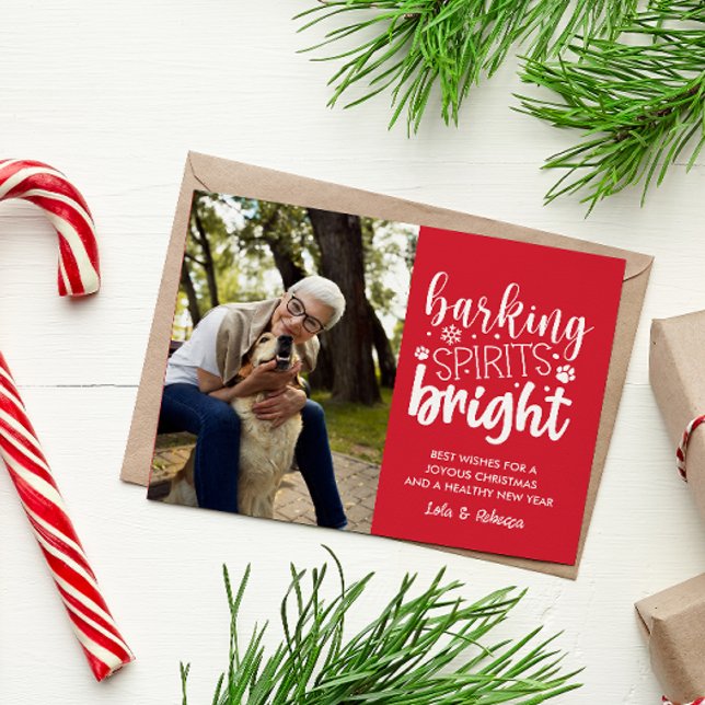 DOG BARKING SPIRIT BRIGHT PET RED CHRISTMAS  HOLIDAY POSTCARD (DOG LOVER CHRISTMAS POSTCARD BARKING SPIRITS BRIGHT VERTICAL PHOTO TEMPLATE EASY TO CUSTOMIZE CHEAP)