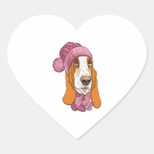 dog Basset Hound breed in knitted hat Heart Sticker