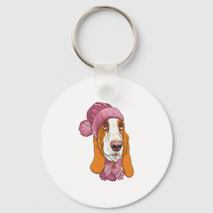 dog Basset Hound breed in knitted hat Key Ring
