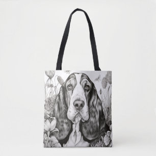 Dog Basset hound Peaceful Nature Prairie Sketch Tote Bag